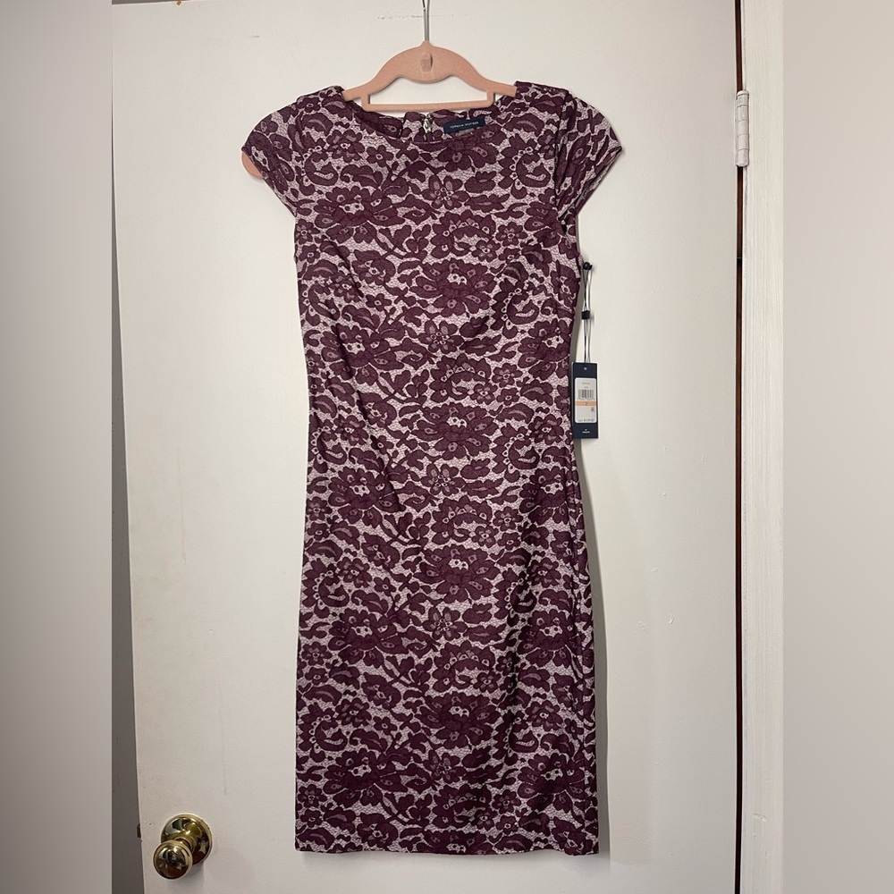 TOMMY HILFIGER NWT Dress 2 Maroon Lace Print Cap Sleeve Stretch Zip Above Knee
